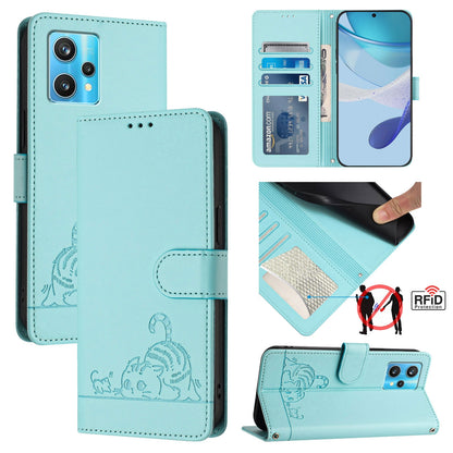 Realme 9 4G Global Leather Phone Case with Cat and Rat Embossed Pattern, RFID Protection, Card Holder Slots, Anti-fall Feature & Lanyard