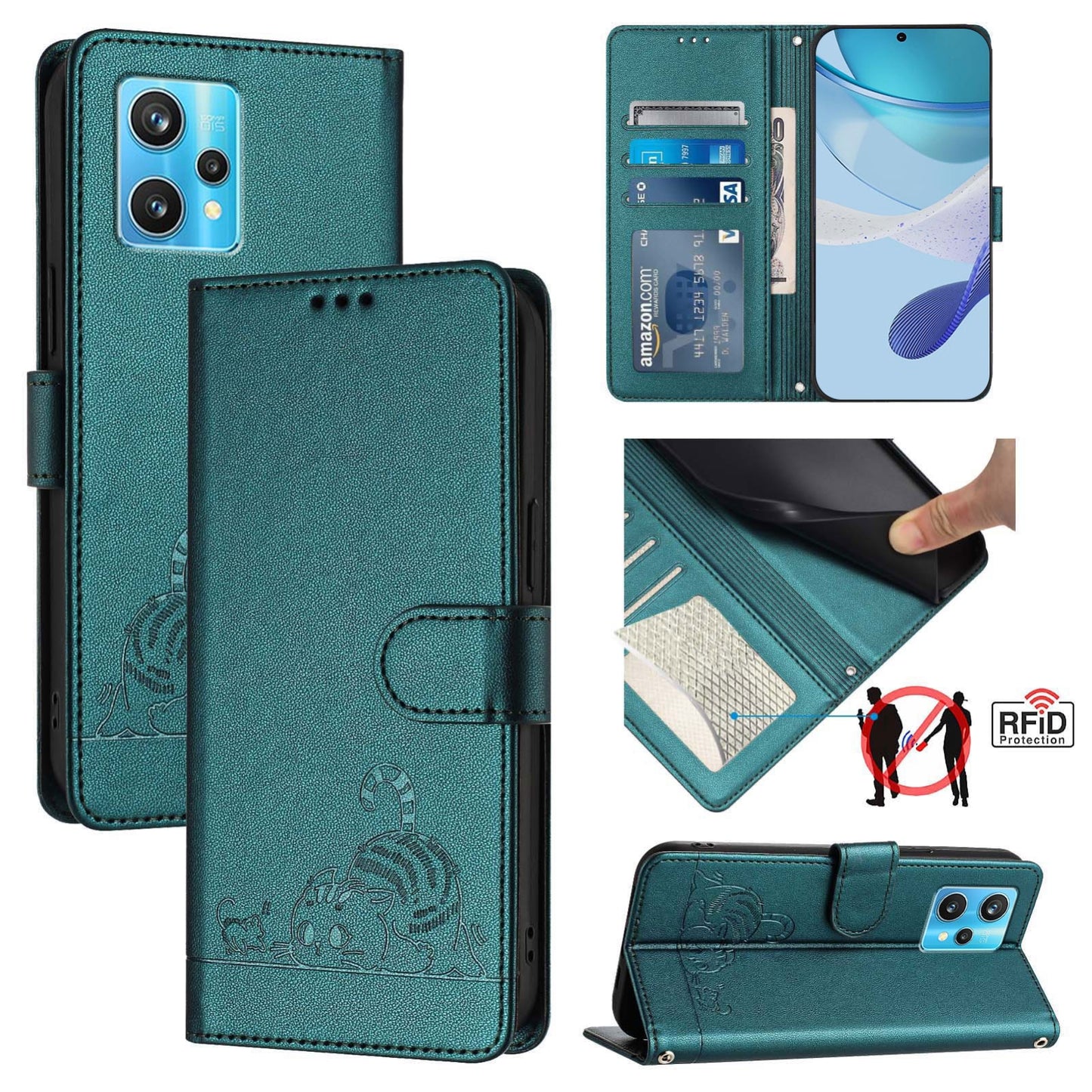 Realme 9 4G Global Leather Phone Case with Cat and Rat Embossed Pattern, RFID Protection, Card Holder Slots, Anti-fall Feature & Lanyard