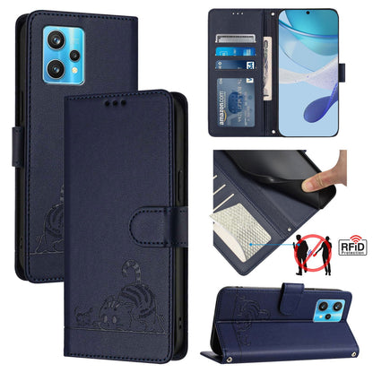 Realme 9 4G Global Leather Phone Case with Cat and Rat Embossed Pattern, RFID Protection, Card Holder Slots, Anti-fall Feature & Lanyard