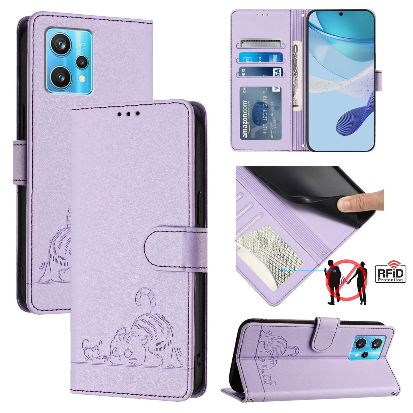 Realme Narzo 50 Pro 5G Leather Phone Case with Cat and Rat Embossed Pattern, RFID Protection, Card Holder Slots, Anti-fall Feature & Lanyard