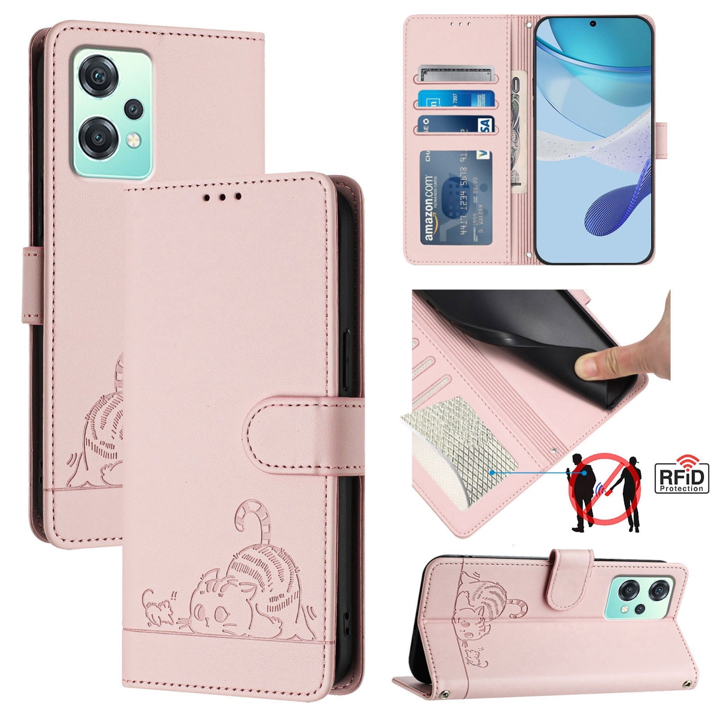 Realme 9 5G EU Version Leather Phone Case with Cat and Rat Embossed Pattern, RFID Protection, Card Holder Slots, Anti-fall Feature & Lanyard