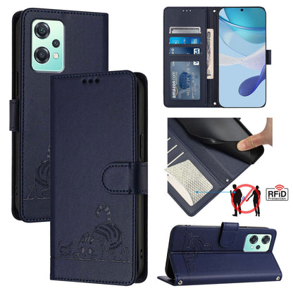 Realme 9 5G EU Version Leather Phone Case with Cat and Rat Embossed Pattern, RFID Protection, Card Holder Slots, Anti-fall Feature & Lanyard