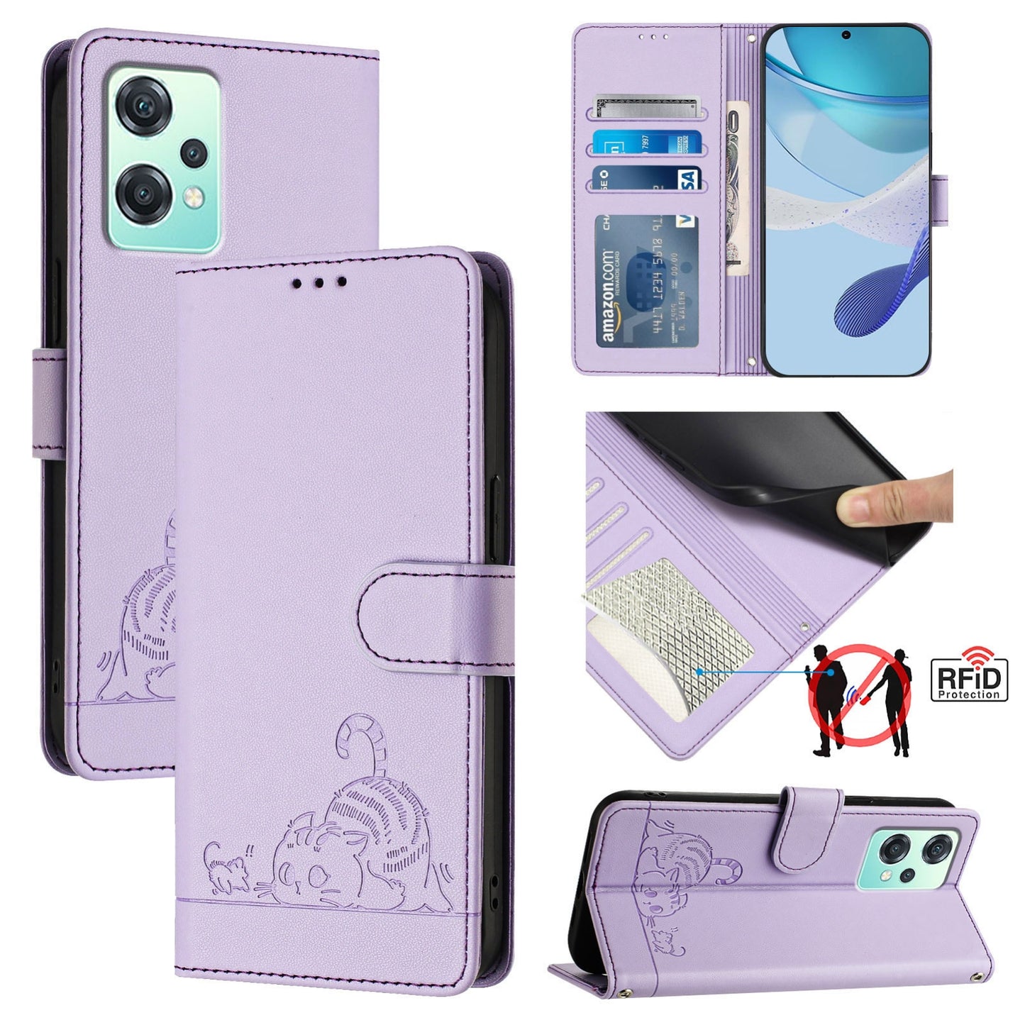 Realme 9 5G EU Version Leather Phone Case with Cat and Rat Embossed Pattern, RFID Protection, Card Holder Slots, Anti-fall Feature & Lanyard