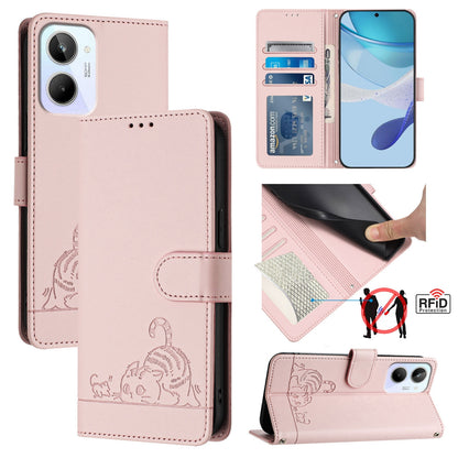 Realme 10 4G Global Leather Phone Case with Cat and Rat Embossed Pattern, RFID Protection, Card Holder Slots, Anti-fall Feature & Lanyard