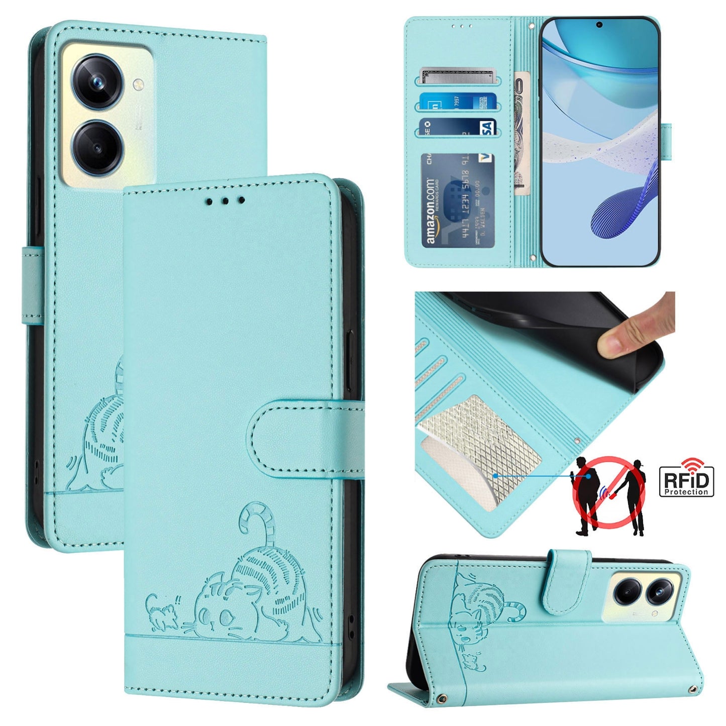 Realme 10 Pro 5G Leather Phone Case with Cat and Rat Embossed Pattern, RFID Protection, Card Holder Slots, Anti-fall Feature & Lanyard