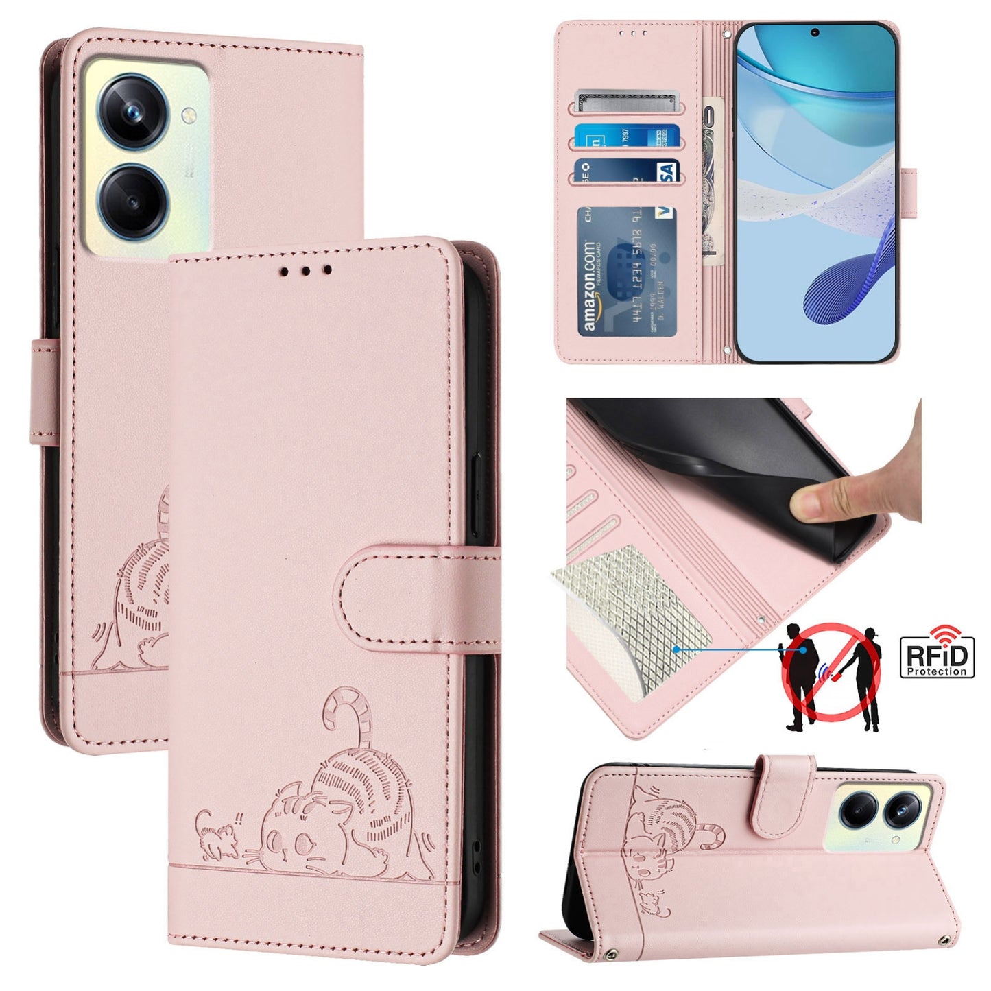 Realme 10 Pro 5G Leather Phone Case with Cat and Rat Embossed Pattern, RFID Protection, Card Holder Slots, Anti-fall Feature & Lanyard
