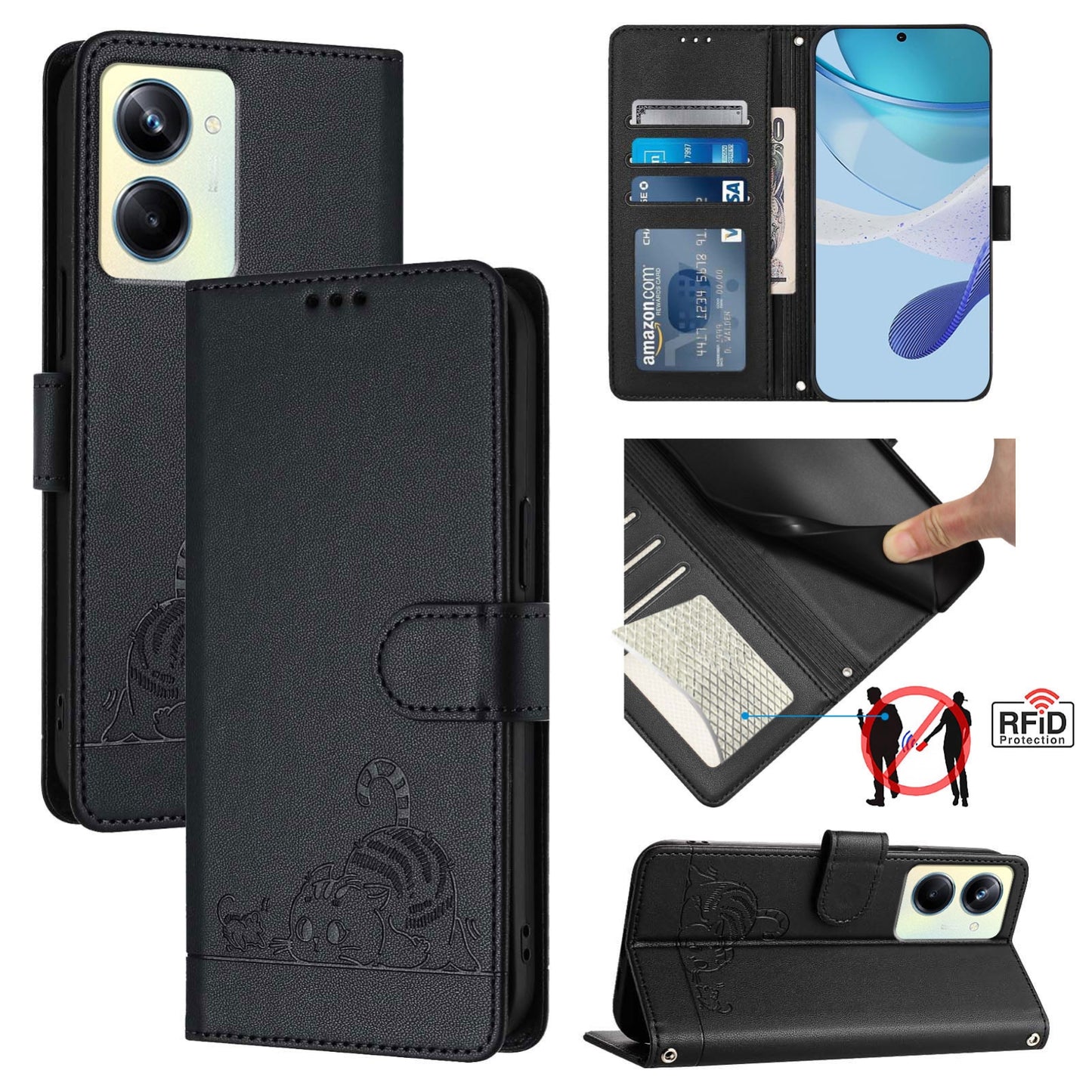 Realme 10 Pro 5G Leather Phone Case with Cat and Rat Embossed Pattern, RFID Protection, Card Holder Slots, Anti-fall Feature & Lanyard
