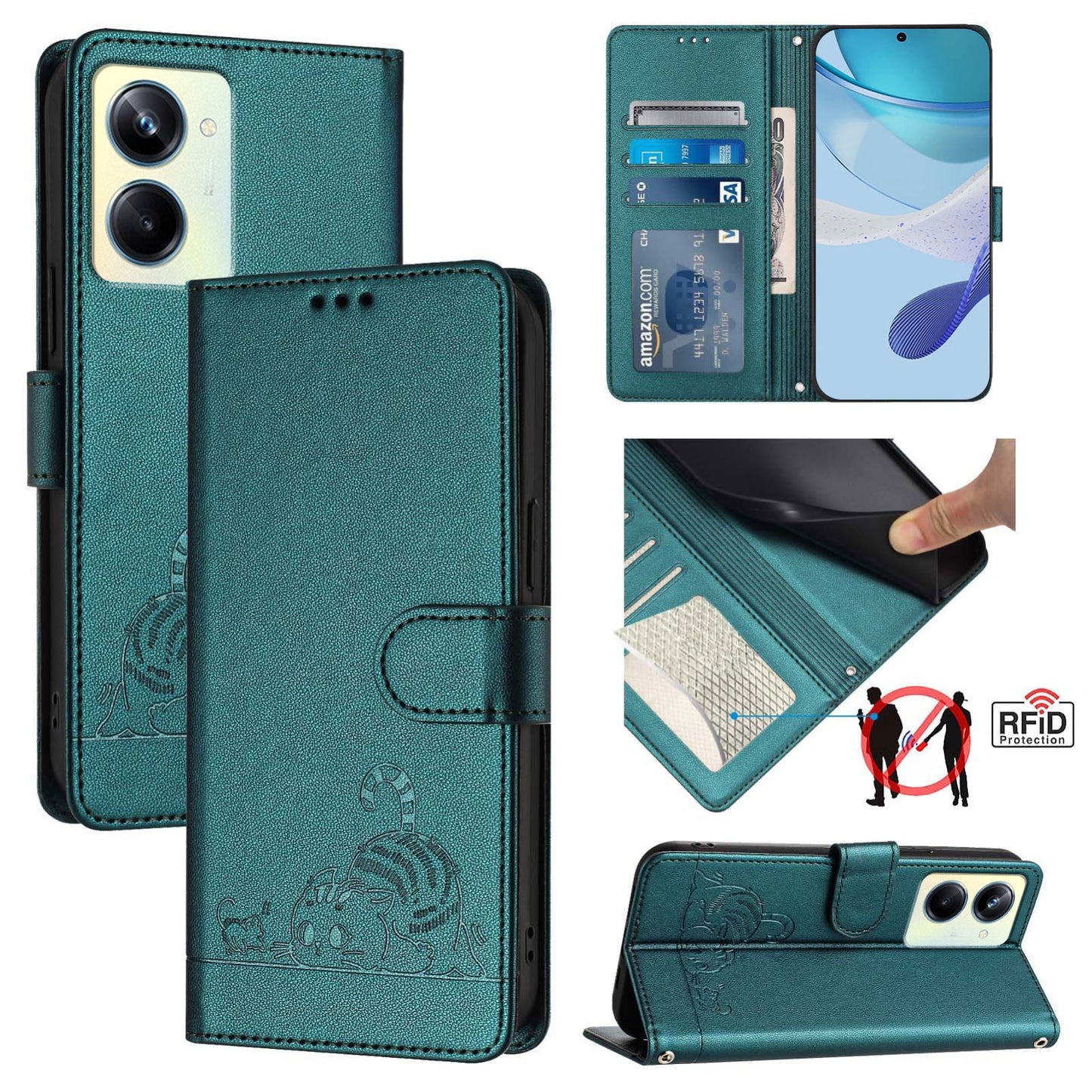 Realme 10 Pro 5G Leather Phone Case with Cat and Rat Embossed Pattern, RFID Protection, Card Holder Slots, Anti-fall Feature & Lanyard