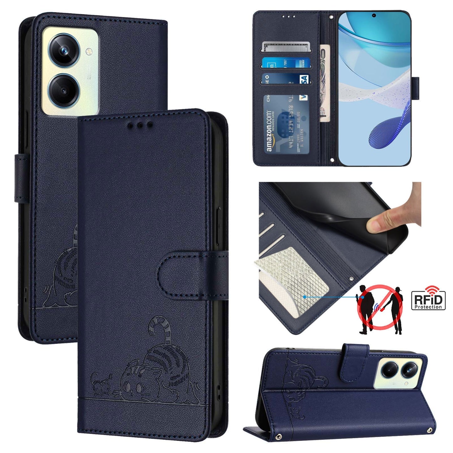 Realme 10 Pro 5G Leather Phone Case with Cat and Rat Embossed Pattern, RFID Protection, Card Holder Slots, Anti-fall Feature & Lanyard