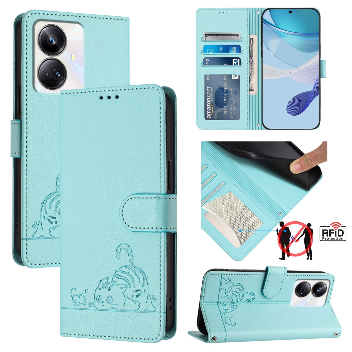 Realme 10 Pro+ 5G Leather Phone Case with Cat and Rat Embossed Pattern, RFID Protection, Card Holder Slots, Anti-fall Feature & Lanyard