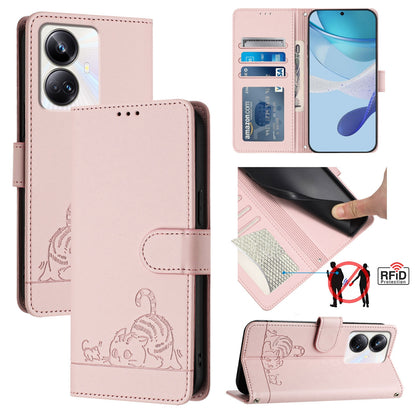 Realme 10 Pro+ 5G Leather Phone Case with Cat and Rat Embossed Pattern, RFID Protection, Card Holder Slots, Anti-fall Feature & Lanyard