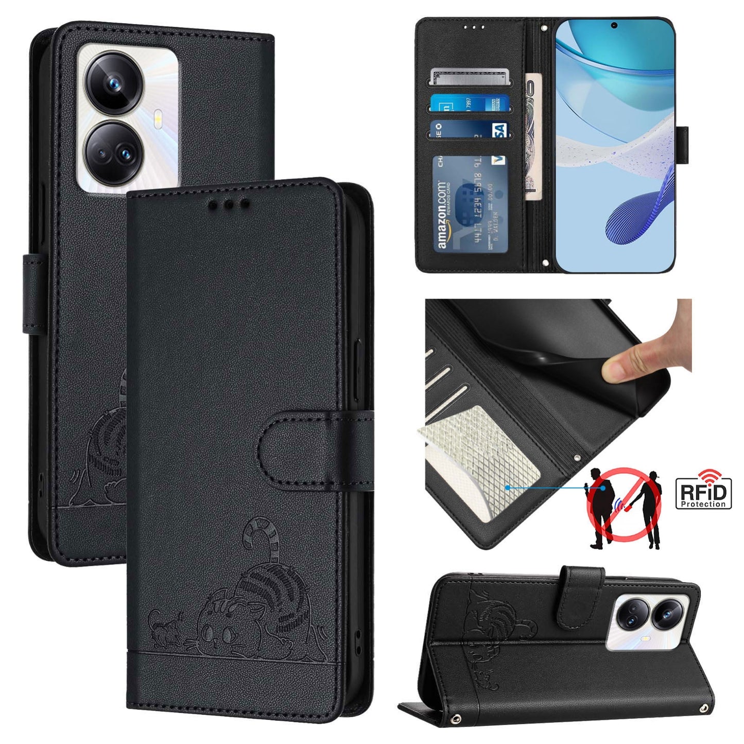 Realme 10 Pro+ 5G Leather Phone Case with Cat and Rat Embossed Pattern, RFID Protection, Card Holder Slots, Anti-fall Feature & Lanyard