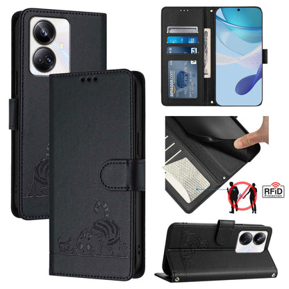Realme 10 Pro+ 5G Leather Phone Case with Cat and Rat Embossed Pattern, RFID Protection, Card Holder Slots, Anti-fall Feature & Lanyard