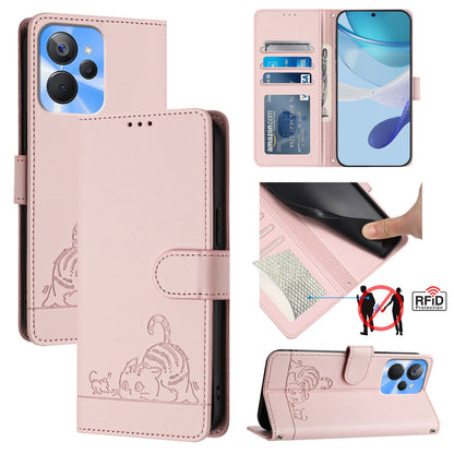 Realme 10T 5G Leather Phone Case with Cat and Rat Embossed Pattern, RFID Protection, Card Holder Slots, Anti-fall Feature & Lanyard