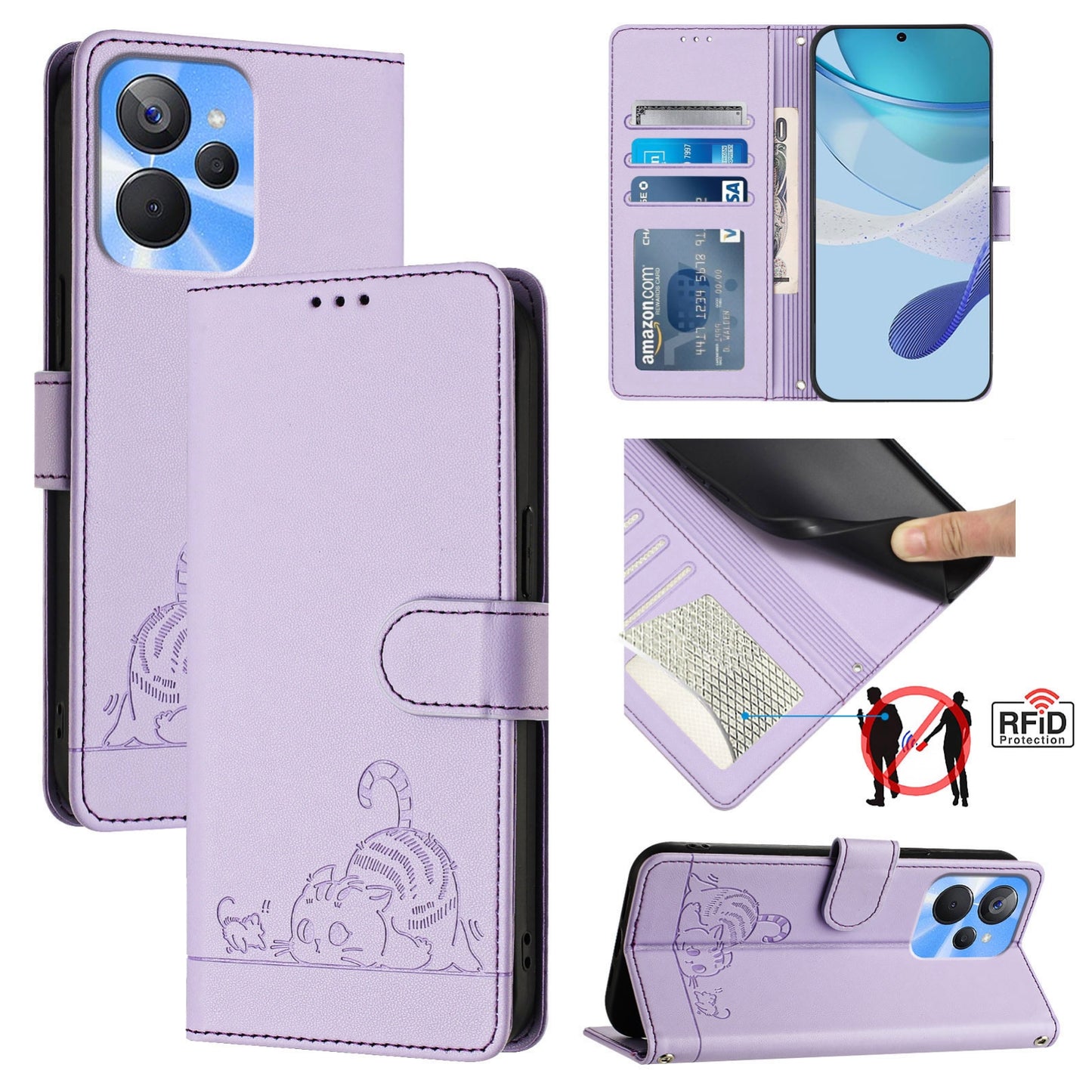 Realme 10S 5G Leather Phone Case with Cat and Rat Embossed Pattern, RFID Protection, Card Holder Slots, Anti-fall Feature & Lanyard