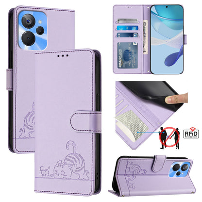 Realme 10S 5G Leather Phone Case with Cat and Rat Embossed Pattern, RFID Protection, Card Holder Slots, Anti-fall Feature & Lanyard