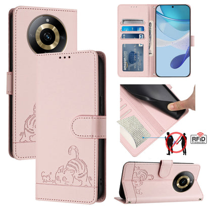Realme 11 4G Global Leather Phone Case with Cat and Rat Embossed Pattern, RFID Protection, Card Holder Slots, Anti-fall Feature & Lanyard