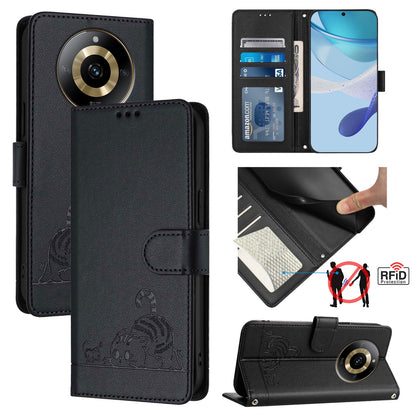 Realme 11 4G Global Leather Phone Case with Cat and Rat Embossed Pattern, RFID Protection, Card Holder Slots, Anti-fall Feature & Lanyard