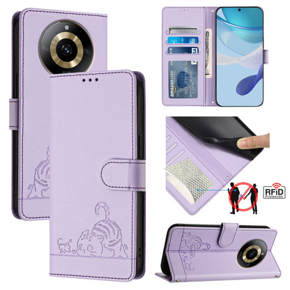 Realme 11 4G Global Leather Phone Case with Cat and Rat Embossed Pattern, RFID Protection, Card Holder Slots, Anti-fall Feature & Lanyard