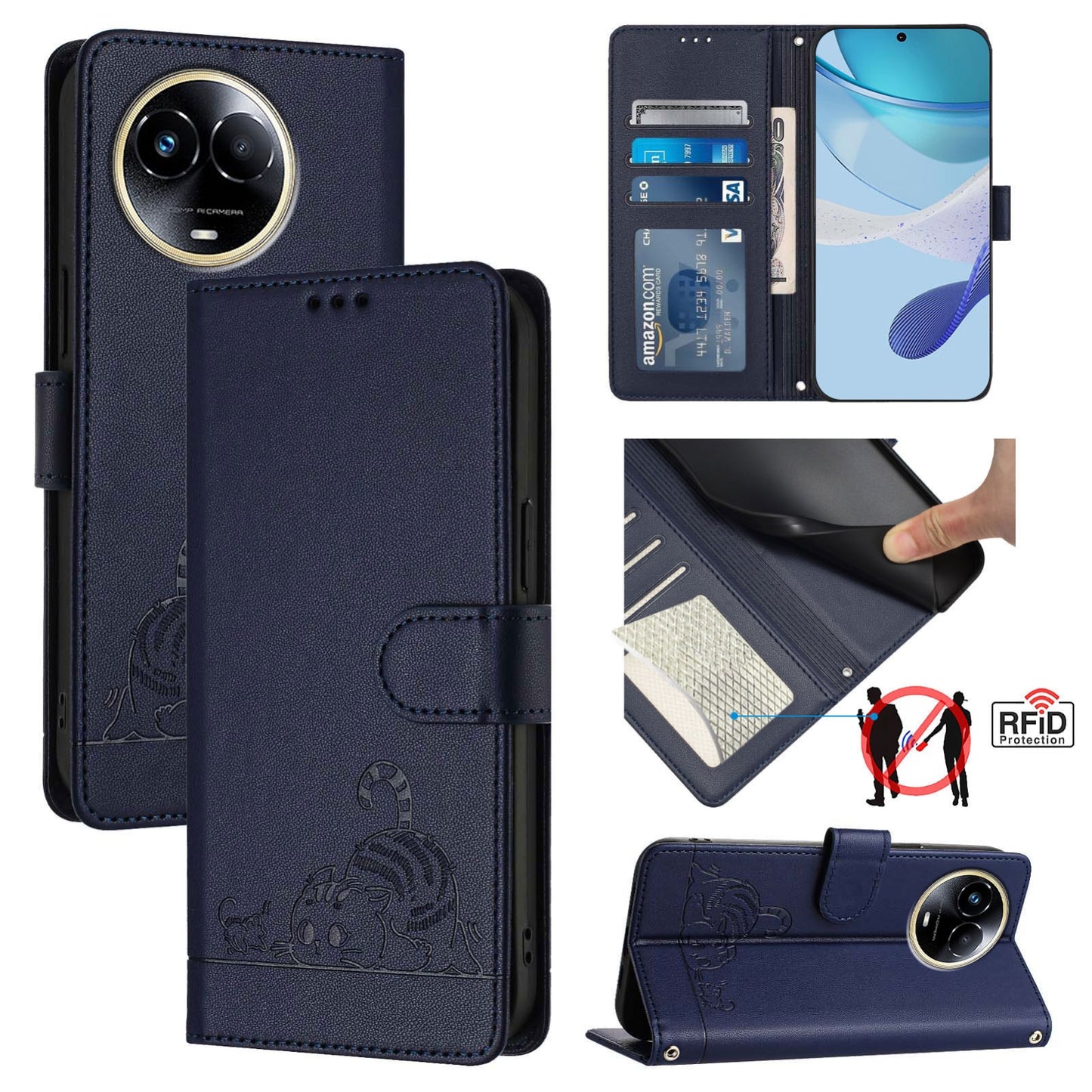 Realme 11 5G Global Leather Phone Case with Cat and Rat Embossed Pattern, RFID Protection, Card Holder Slots, Anti-fall Feature & Lanyard
