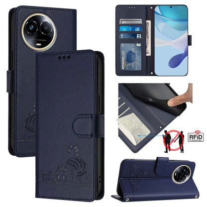 Realme 11 5G Global Leather Phone Case with Cat and Rat Embossed Pattern, RFID Protection, Card Holder Slots, Anti-fall Feature & Lanyard