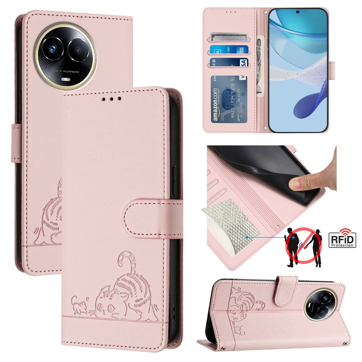 Realme C67 5G Leather Phone Case with Cat and Rat Embossed Pattern, RFID Protection, Card Holder Slots, Anti-fall Feature & Lanyard