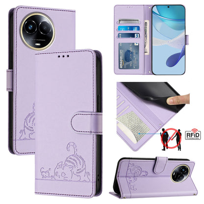 Realme Narzo 60x 5G Global Leather Phone Case with Cat and Rat Embossed Pattern, RFID Protection, Card Holder Slots, Anti-fall Feature & Lanyard