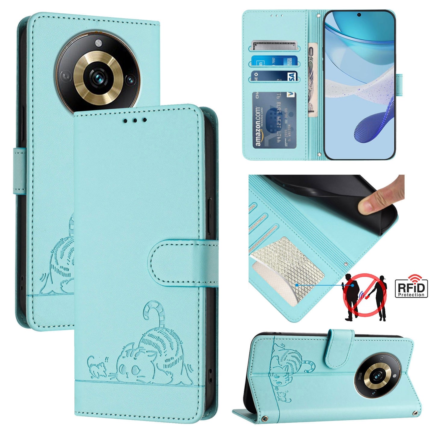 Realme Narzo 60 Pro Global Leather Phone Case with Cat and Rat Embossed Pattern, RFID Protection, Card Holder Slots, Anti-fall Feature & Lanyard