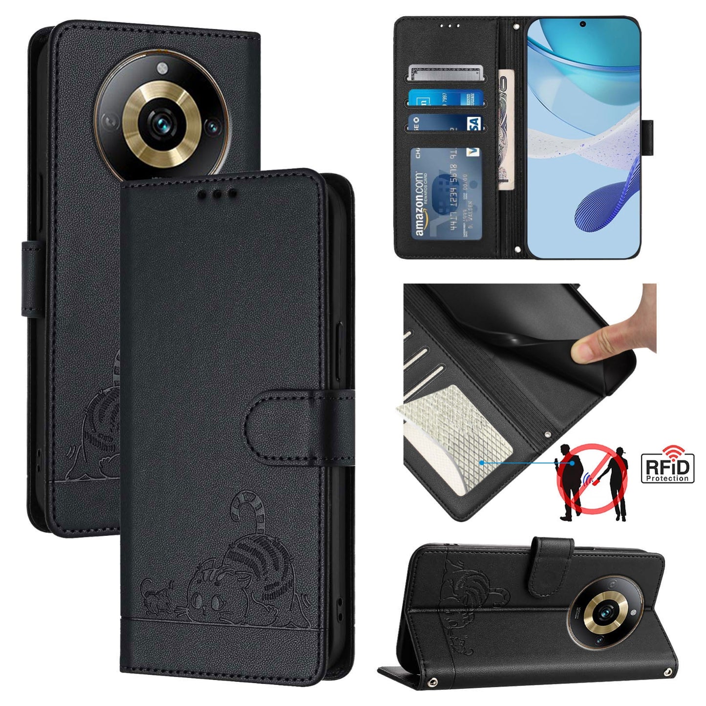 Realme Narzo 60 Pro Global Leather Phone Case with Cat and Rat Embossed Pattern, RFID Protection, Card Holder Slots, Anti-fall Feature & Lanyard