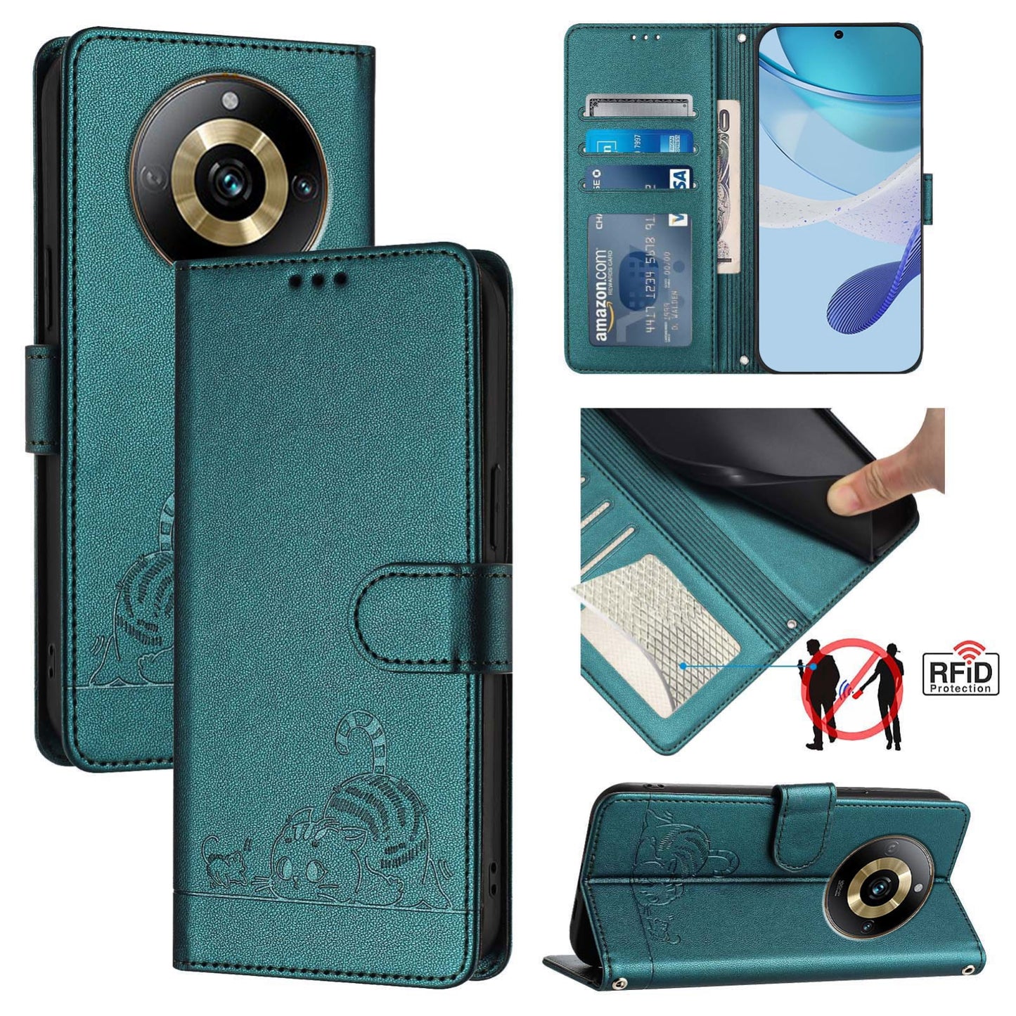 Realme Narzo 60 Pro Global Leather Phone Case with Cat and Rat Embossed Pattern, RFID Protection, Card Holder Slots, Anti-fall Feature & Lanyard