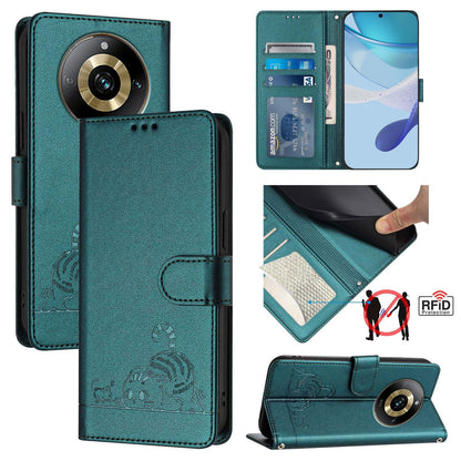 Realme Narzo 60 Pro Global Leather Phone Case with Cat and Rat Embossed Pattern, RFID Protection, Card Holder Slots, Anti-fall Feature & Lanyard