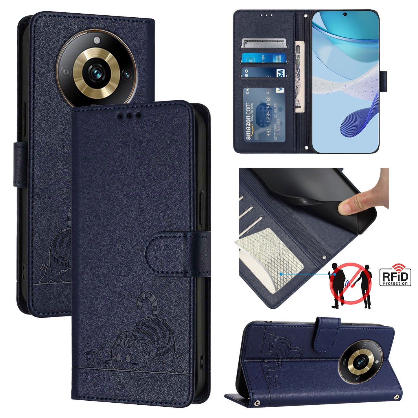 Realme Narzo 60 Pro Global Leather Phone Case with Cat and Rat Embossed Pattern, RFID Protection, Card Holder Slots, Anti-fall Feature & Lanyard