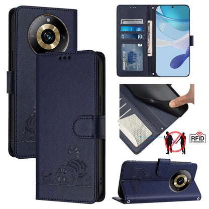 Realme Narzo 60 Pro Global Leather Phone Case with Cat and Rat Embossed Pattern, RFID Protection, Card Holder Slots, Anti-fall Feature & Lanyard