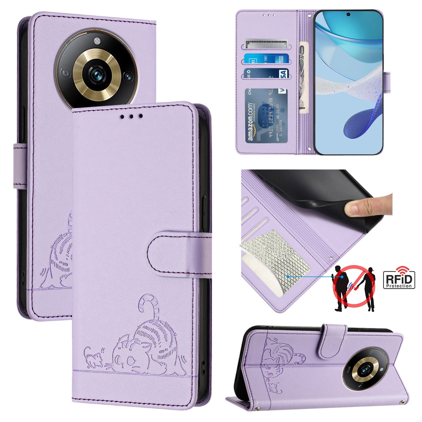 Realme Narzo 60 Pro Global Leather Phone Case with Cat and Rat Embossed Pattern, RFID Protection, Card Holder Slots, Anti-fall Feature & Lanyard