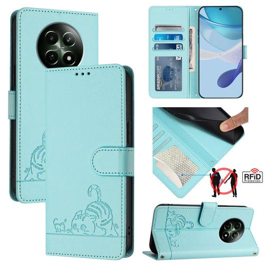 Realme 12 5G Global Leather Phone Case with Cat and Rat Embossed Pattern, RFID Protection, Card Holder Slots, Anti-fall Feature & Lanyard