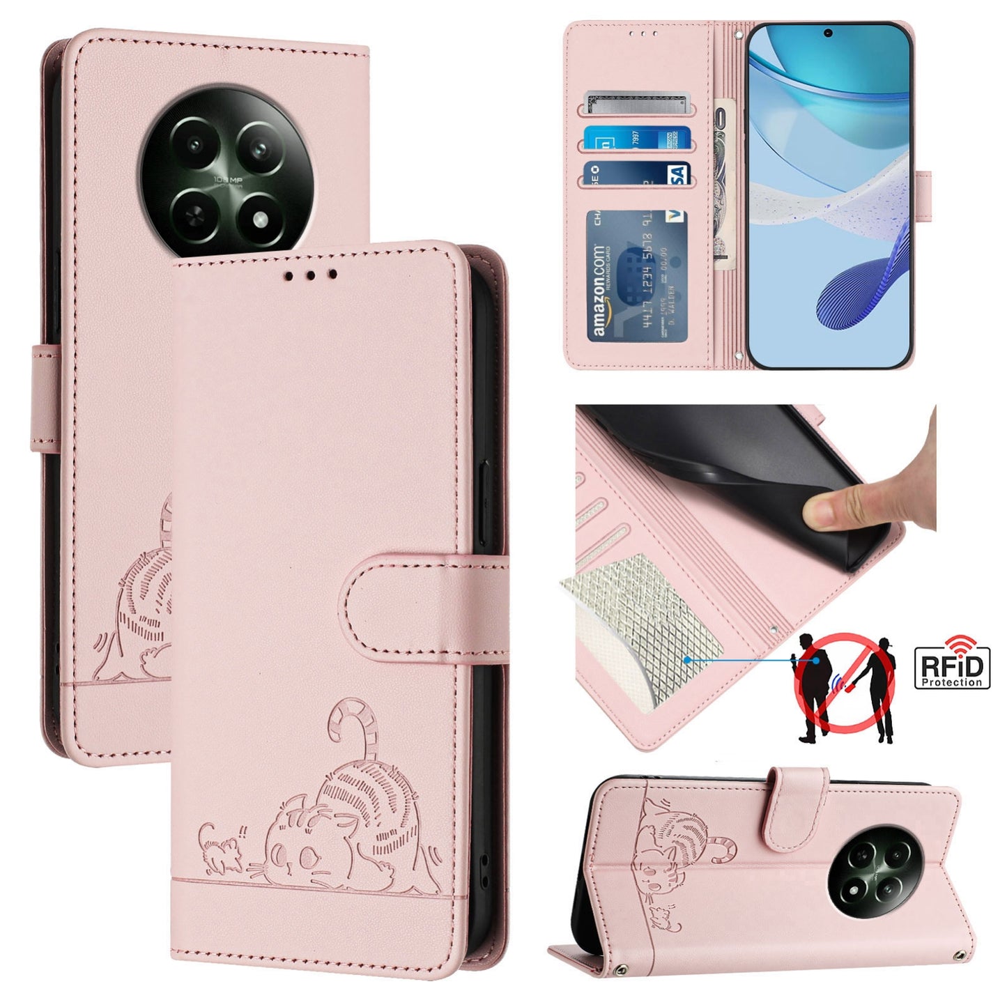 Realme 12 5G Global Leather Phone Case with Cat and Rat Embossed Pattern, RFID Protection, Card Holder Slots, Anti-fall Feature & Lanyard