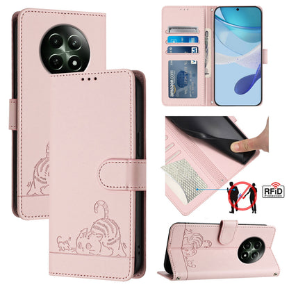 Realme 12 5G Global Leather Phone Case with Cat and Rat Embossed Pattern, RFID Protection, Card Holder Slots, Anti-fall Feature & Lanyard