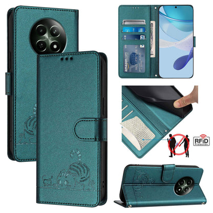 Realme 12 5G Global Leather Phone Case with Cat and Rat Embossed Pattern, RFID Protection, Card Holder Slots, Anti-fall Feature & Lanyard