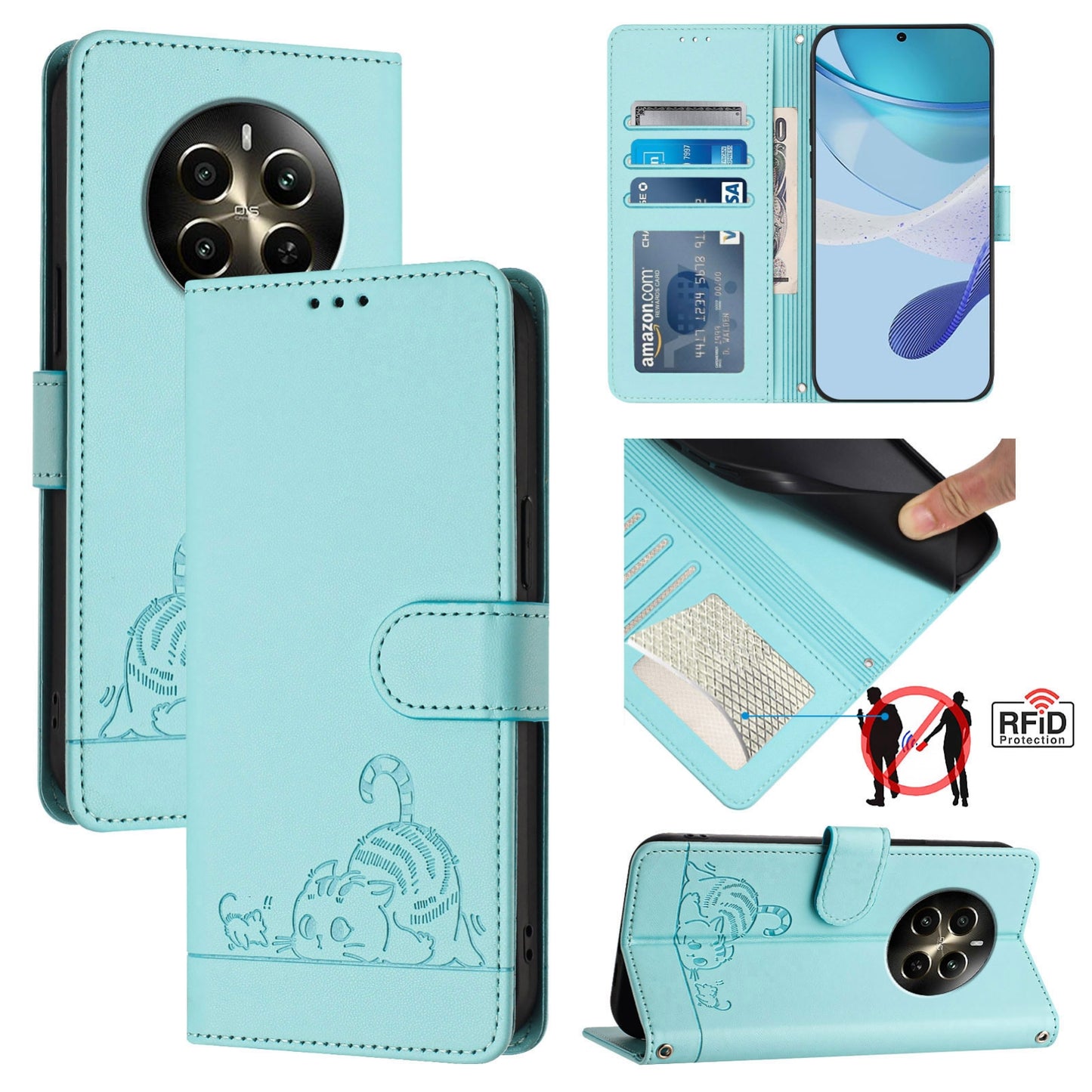 Realme 12+ 5G Global Leather Phone Case with Cat and Rat Embossed Pattern, RFID Protection, Card Holder Slots, Anti-fall Feature & Lanyard