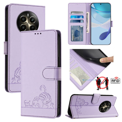 Realme 12+ 5G Global Leather Phone Case with Cat and Rat Embossed Pattern, RFID Protection, Card Holder Slots, Anti-fall Feature & Lanyard