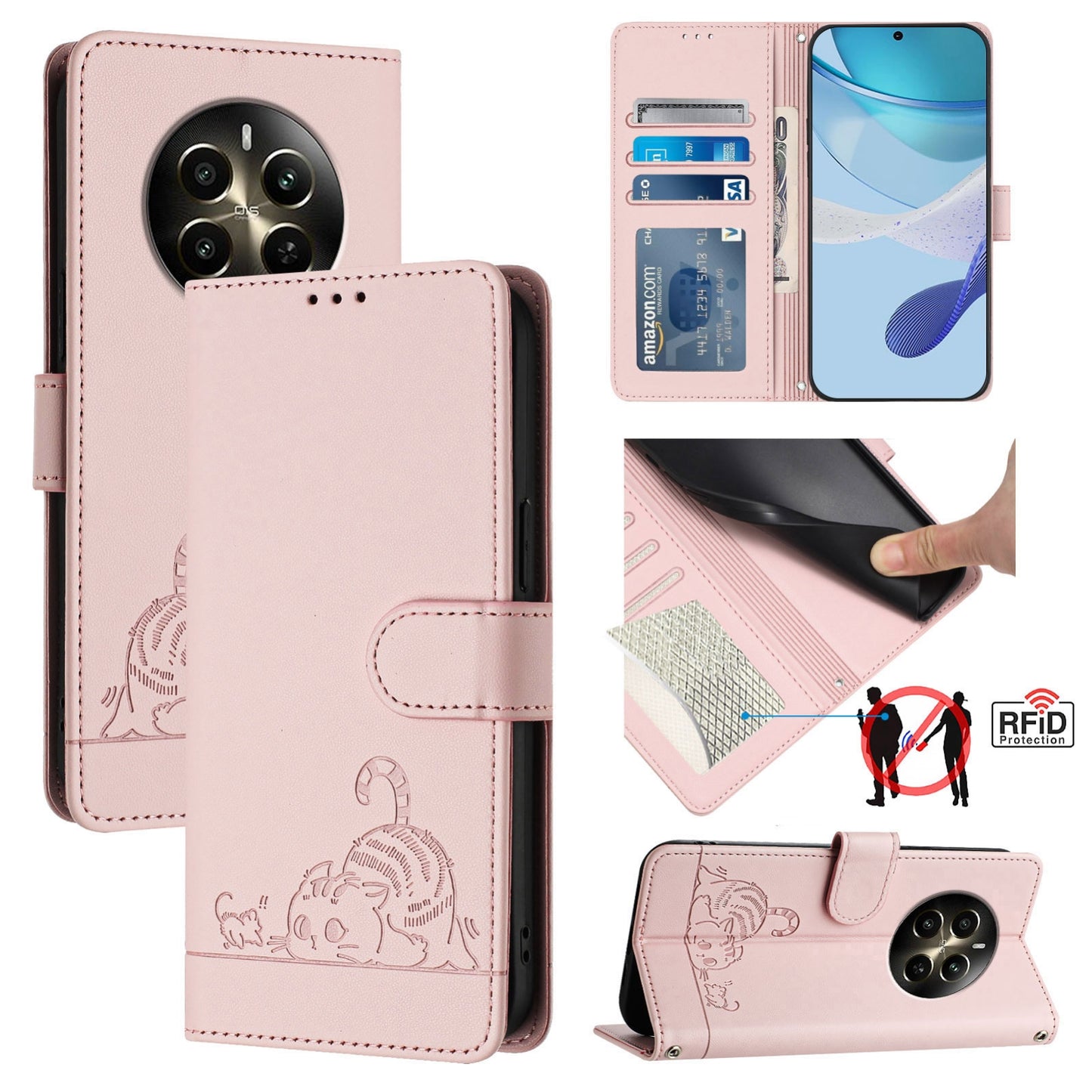 Realme Narzo 70 Pro 5G Leather Phone Case with Cat and Rat Embossed Pattern, RFID Protection, Card Holder Slots, Anti-fall Feature & Lanyard