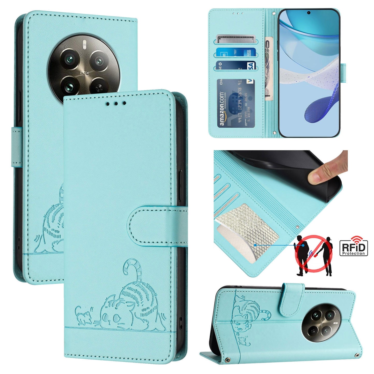 Realme 12 Pro 5G Global Leather Phone Case with Cat and Rat Embossed Pattern, RFID Protection, Card Holder Slots, Anti-fall Feature & Lanyard