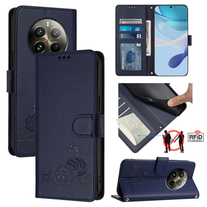 Realme 12 Pro 5G Global Leather Phone Case with Cat and Rat Embossed Pattern, RFID Protection, Card Holder Slots, Anti-fall Feature & Lanyard