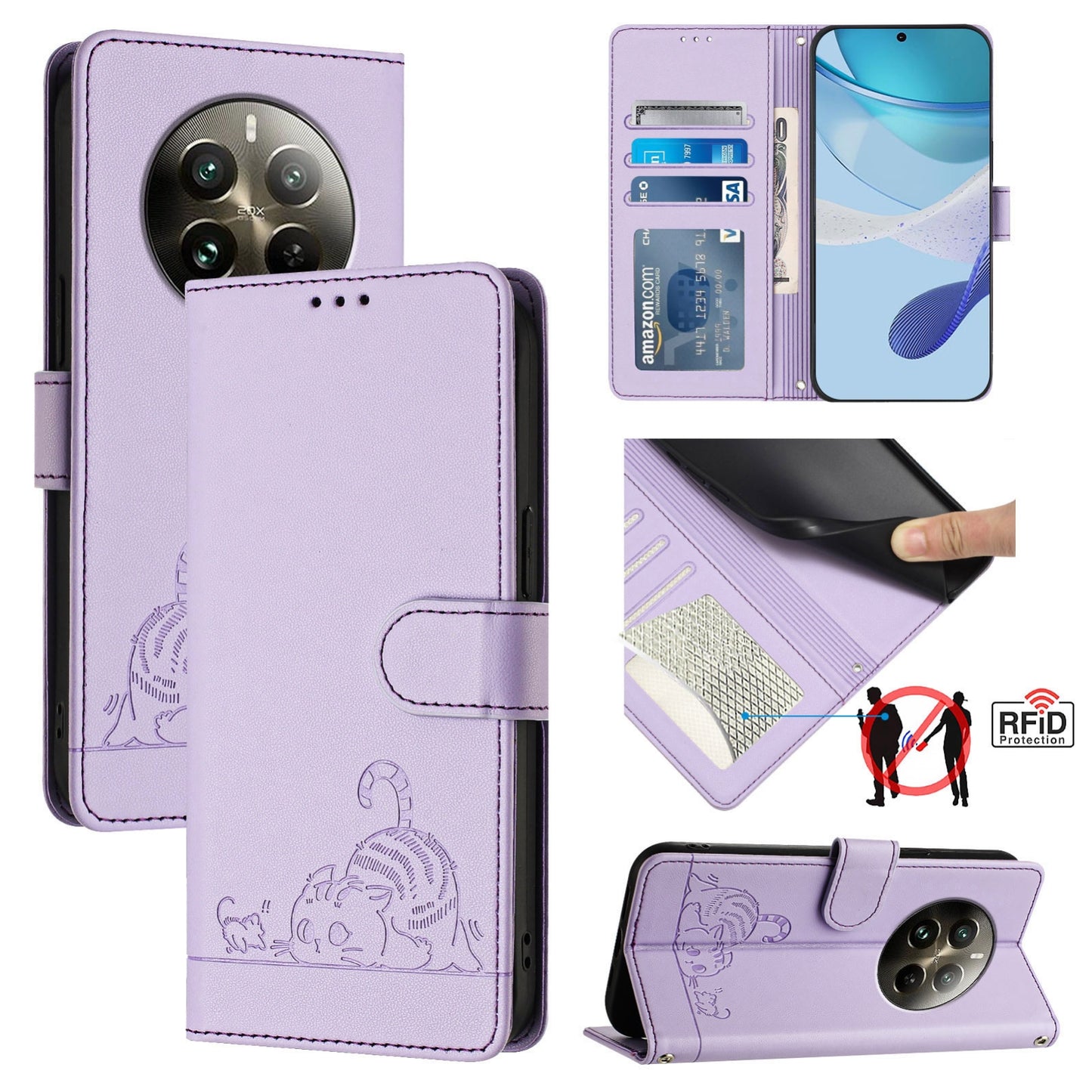 Realme 12 Pro 5G Global Leather Phone Case with Cat and Rat Embossed Pattern, RFID Protection, Card Holder Slots, Anti-fall Feature & Lanyard