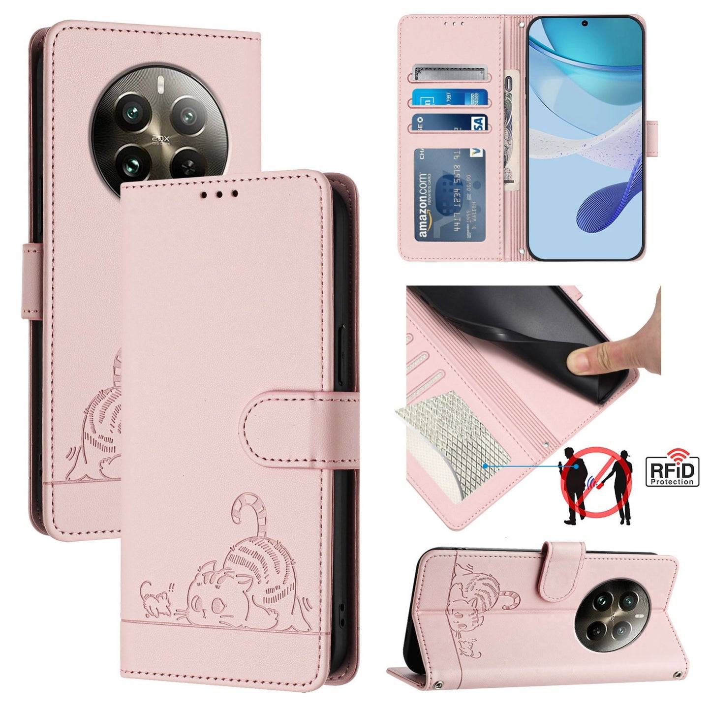 Realme 12 Pro+ 5G Global Leather Phone Case with Cat and Rat Embossed Pattern, RFID Protection, Card Holder Slots, Anti-fall Feature & Lanyard