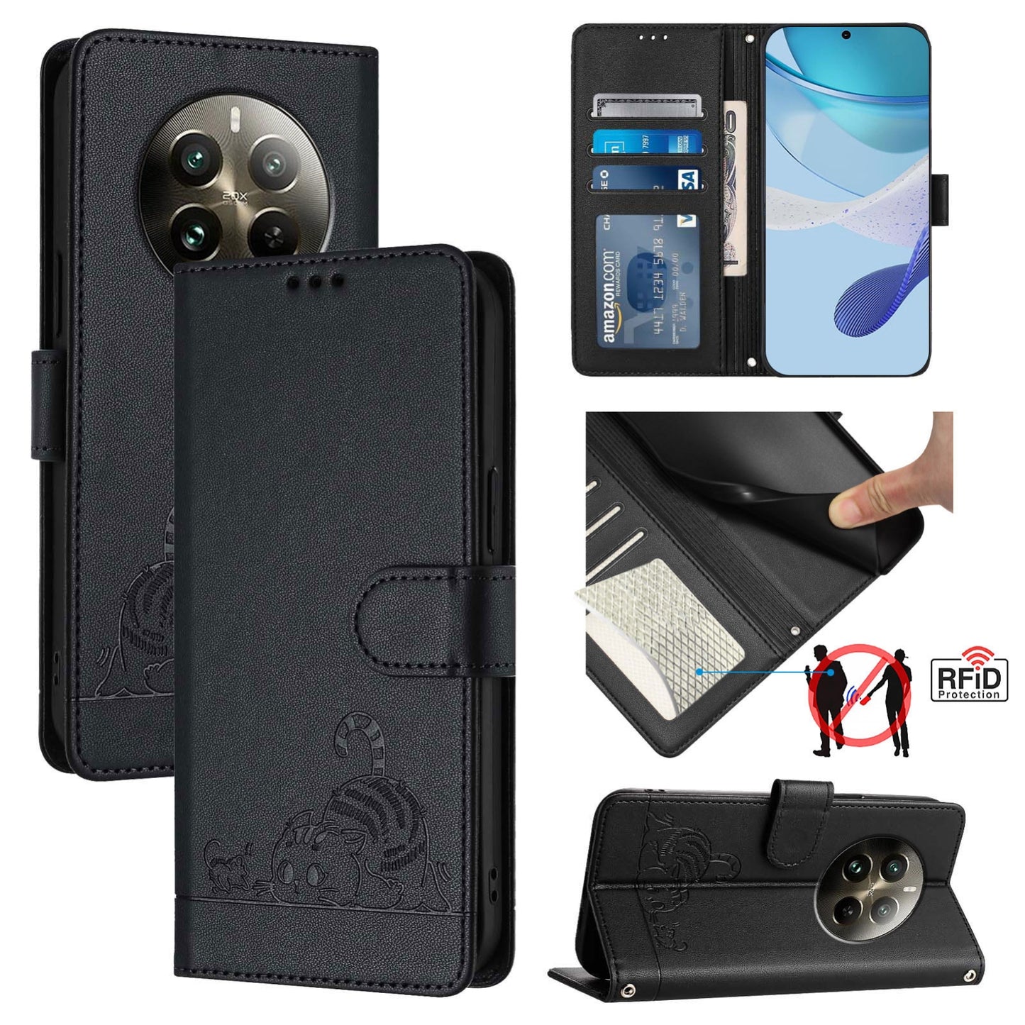 Realme 12 Pro+ 5G Global Leather Phone Case with Cat and Rat Embossed Pattern, RFID Protection, Card Holder Slots, Anti-fall Feature & Lanyard