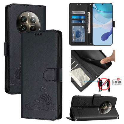 Realme 12 Pro+ 5G Global Leather Phone Case with Cat and Rat Embossed Pattern, RFID Protection, Card Holder Slots, Anti-fall Feature & Lanyard