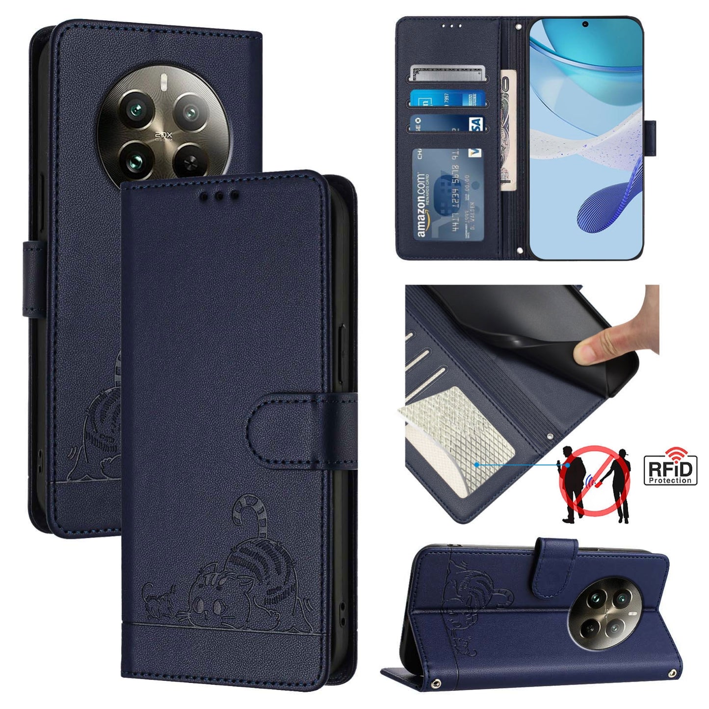 Realme 12 Pro+ 5G Global Leather Phone Case with Cat and Rat Embossed Pattern, RFID Protection, Card Holder Slots, Anti-fall Feature & Lanyard