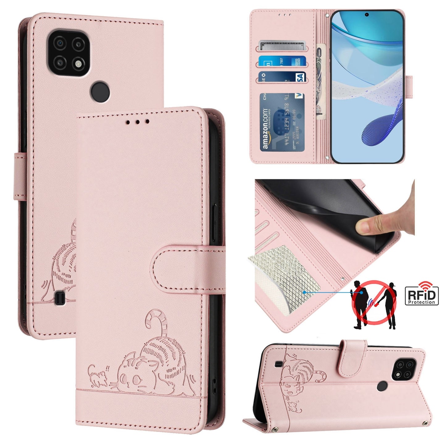 Realme C11 2021 Leather Phone Case with Cat and Rat Embossed Pattern, RFID Protection, Card Holder Slots, Anti-fall Feature & Lanyard