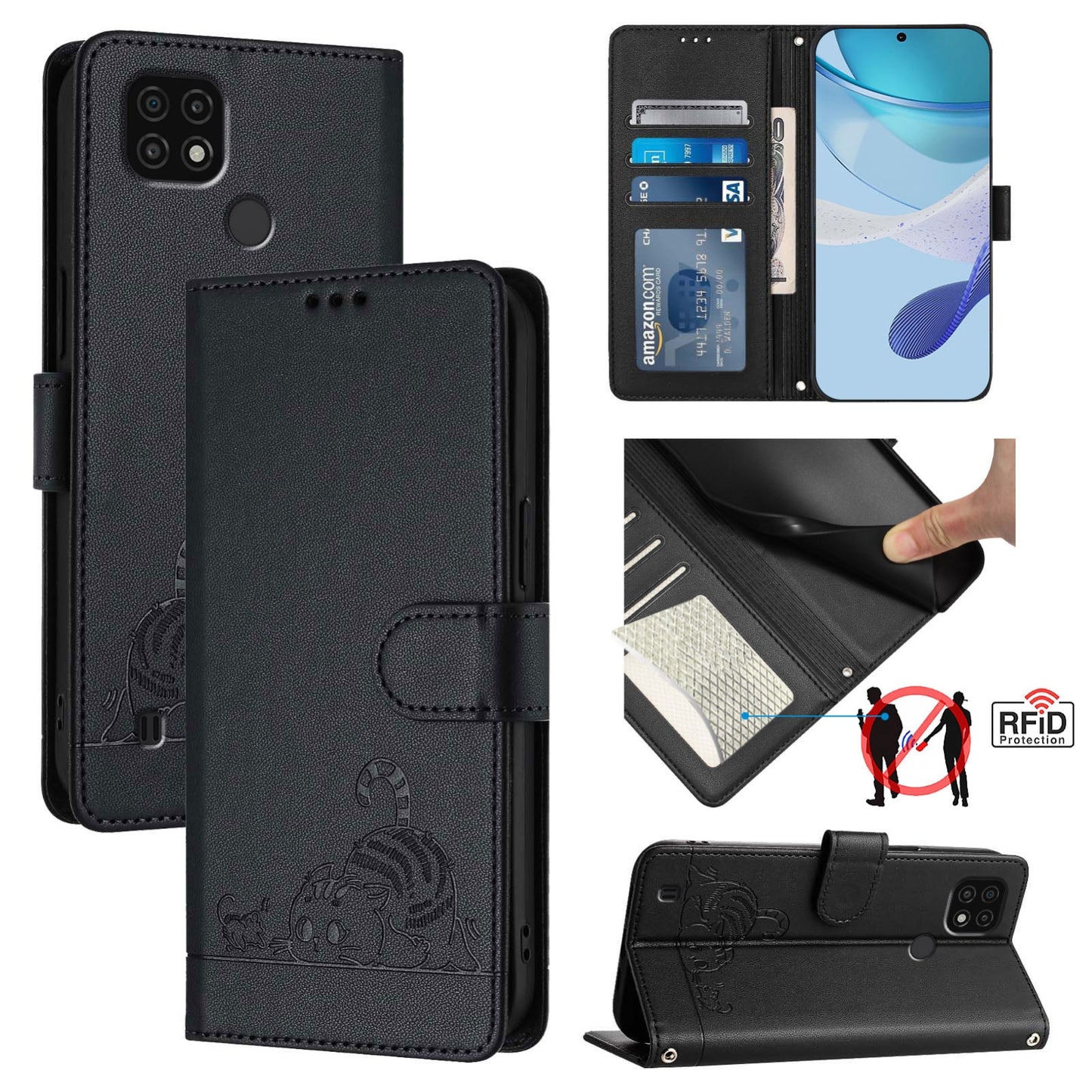 Realme C20 Leather Phone Case with Cat and Rat Embossed Pattern, RFID Protection, Card Holder Slots, Anti-fall Feature & Lanyard